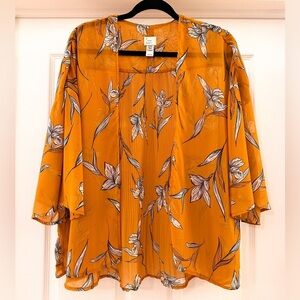 A New Day Marigold Floral Open Pleated Back Sheer Kimono Top One Size Fits Most